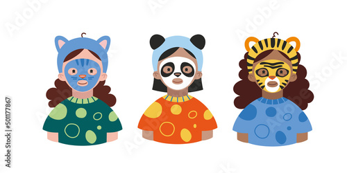 Girls in face masks. Diverse girls with cute animal ears and sheet masks.