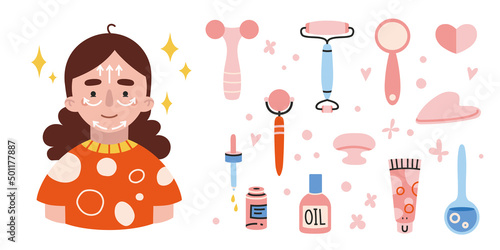 Facial massage set, cartoon style. Girl and face rollers, gua sha massager.