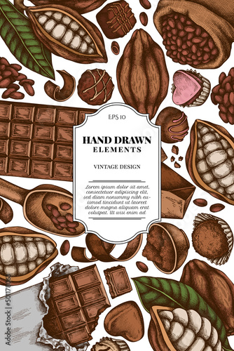 Card design with colored cocoa beans, cocoa, chocolate, chocolate candies