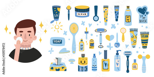 Set of boy and cosmetic products and tools for face and body skin care.