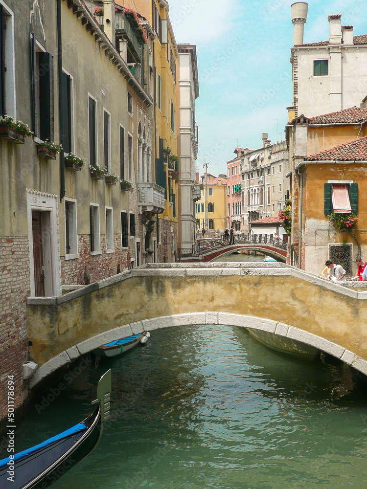 Views of the Venice - water streets, boats, gondolas, mansions along. Italy.