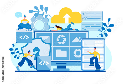 Cloud computing, cloud storage, data center security concept vector illustration.