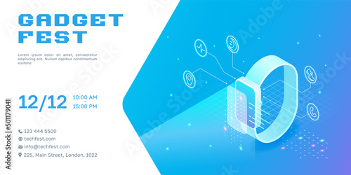 Isometric smart watch with holographic icons. Banner template.