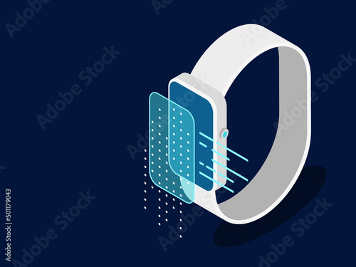 Isometric flat illustration of a smart watch on dark background.