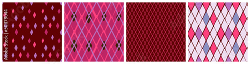 Colourful harlequin, rhombus, diamond seamless pattern set in pink, lilac and mahogany trendy 2023 colors. Eye catching background design for circus banner, kids clothing. 