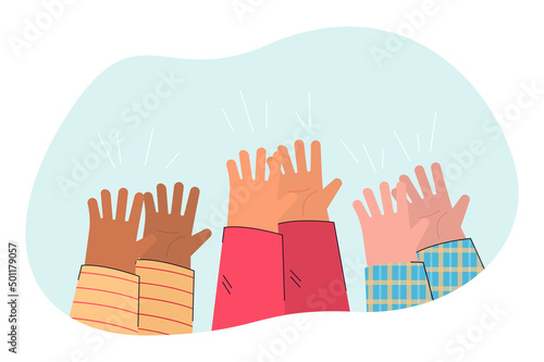 Hands of people asking help, care and support in problem. Hands up of persons flat vector illustration. Humanitarian crisis, poverty, charity concept for banner, website design or landing web page