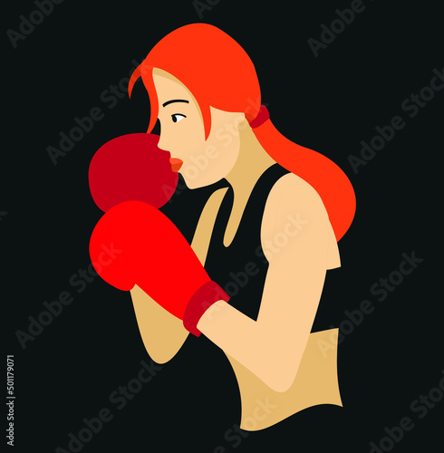 young sport woman, wearing sportwear and boxing with red boxing gloves and red hair. Black background. Cartoon vector flat illustation