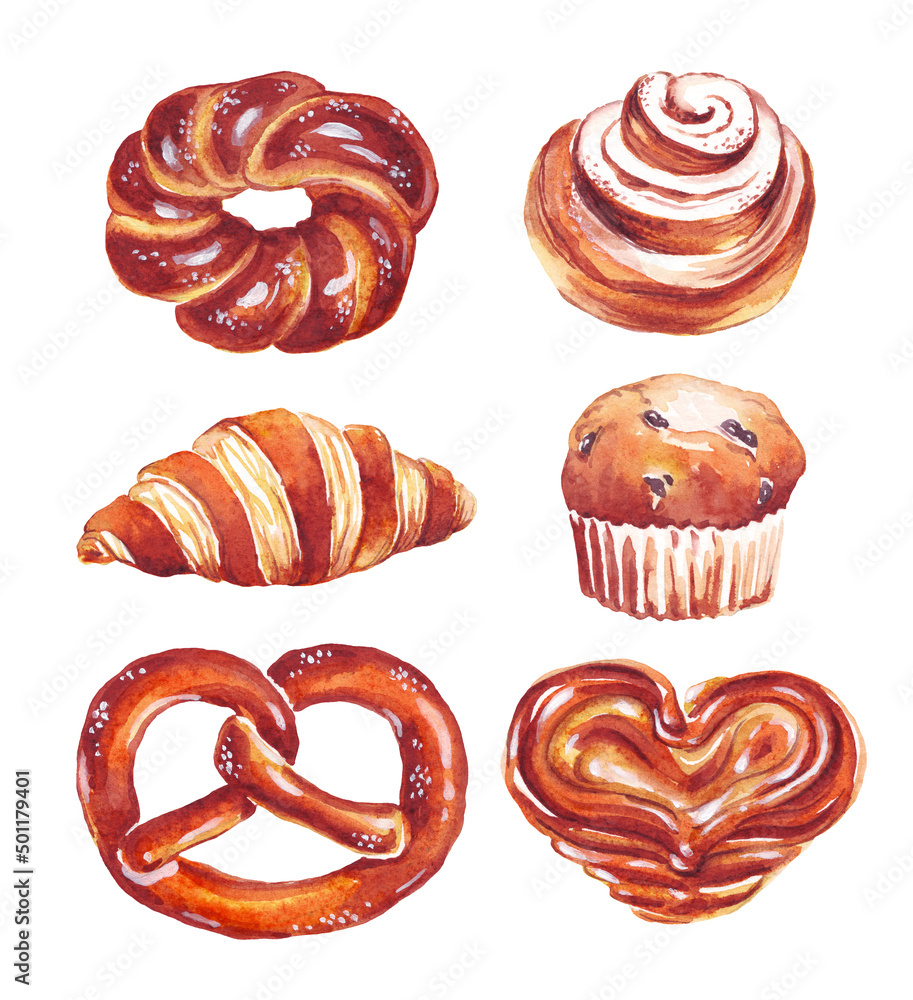 Bakery set. Watercolor illustration. Hand-painted Bakery set. Watercolor illustration. Hand-painted