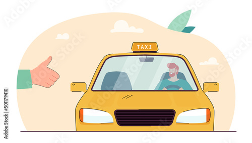 Hand of passenger hailing, catching yellow taxi cab. Male driver driving car flat vector illustration. Public transport, service, travel concept for banner, website design or landing web page