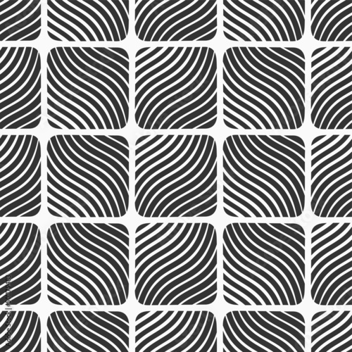Abstract striped squares seamless vector pattern. Repeating geometric shapes ornament. Wavy lines. Simple black and white geometric background. 