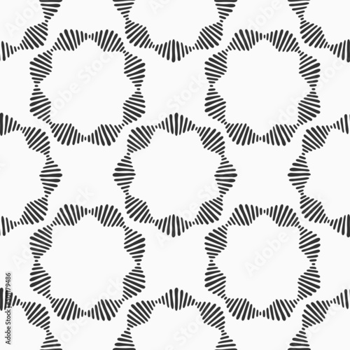 Seamless pattern from striped hand drawn frames, stars, striped elements. Vector monochrome illustration. Decorative pattern isolated on white background.