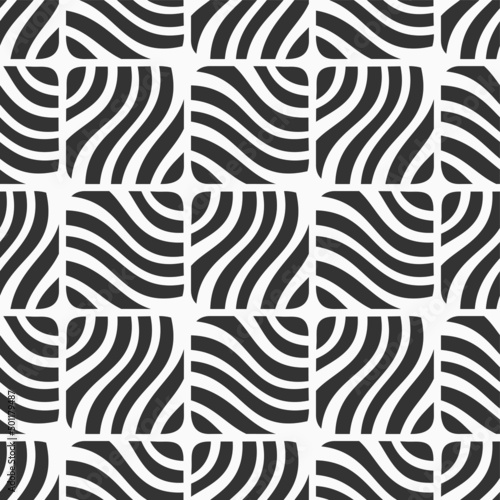 Abstract stripes squares seamless vector pattern. Ornamental striped stylish black and white background. Repeating ornament wityh wavy stripes.