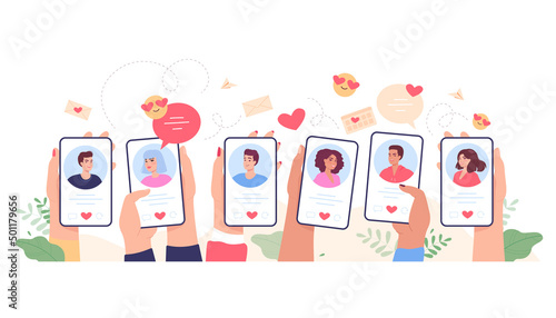 Hands holding phones with date app on screen. Young men and women profiles in social network flat vector illustration. People texting online. Romance, love, virtual relationship, technology concept