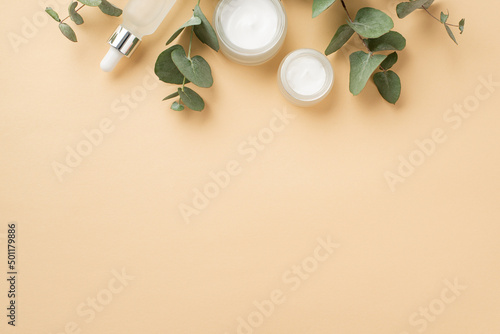 Skincare concept. Top view photo of glass dropper bottle cream jar and eucalyptus branches on isolated pastel beige background with blank space