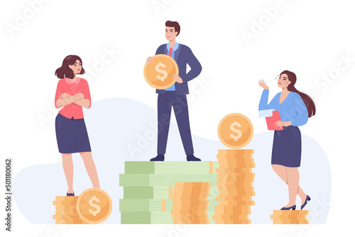 Happy man and sad women standing on unequal money stacks. Wage inequality between male and female people flat vector illustration. Gender salary gap, female discrimination, difference concept