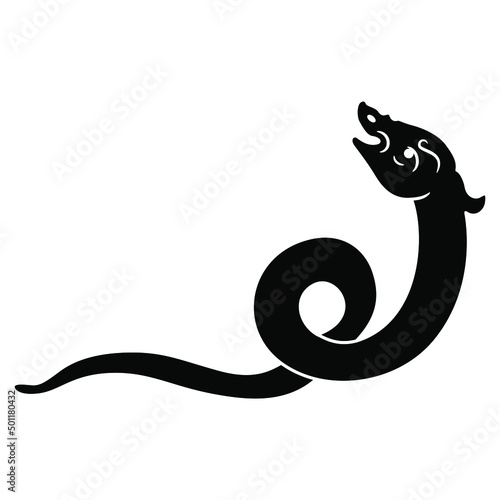 Coiled snake, serpent or dragon. Black and white silhouette. Medieval Russian folk animal design. Isolated vector illustration.