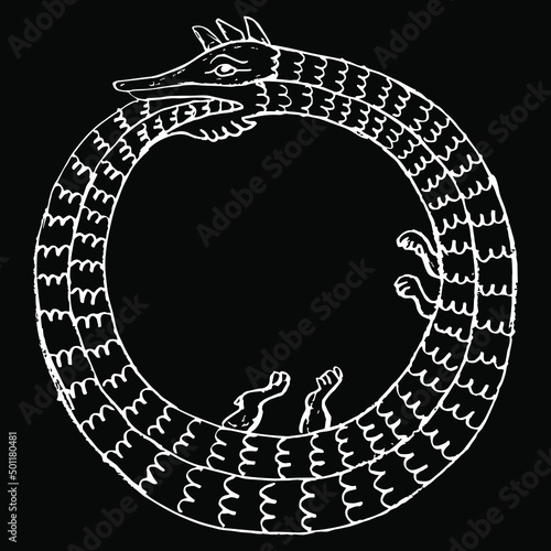 Ouroboros. Mythological snake eating its own tail. Medieval coiled serpent or dragon. Round animal frame. Illuminated manuscript style. Hand drawn linear doodle rough sketch. White silhouette on black