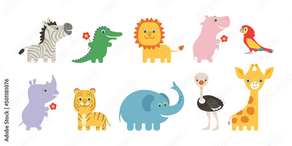 Fototapeta Set of cartoon cute African animals. Vector flat illustration of funny hippopotamus, tiger, lion, elephant, crocodile, zebra, giraffe, rhinoceros, ostrich and parrot.