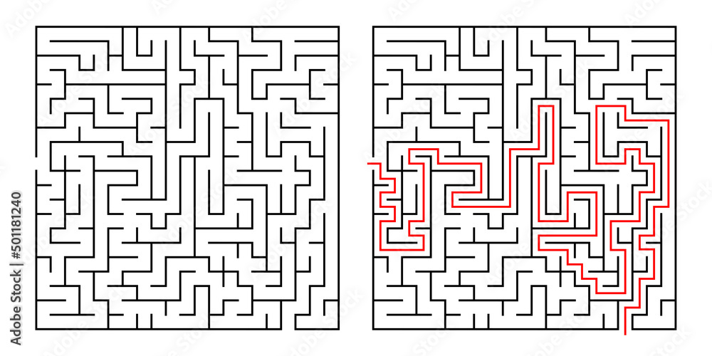 Abstract labyrinth for kids and adult on white background. Vector illustration with black square maze. Labyrinth with entry and exit. Abstract labyrinth for kids and adult on white background. Vector illustration with black square maze. Labyrinth with entry and exit.