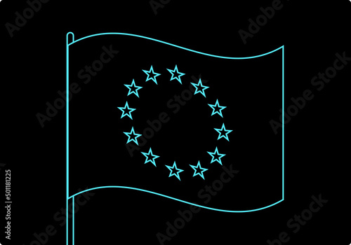 Bandera de la UE en trazo azul neón ondeando sobre fondo negro