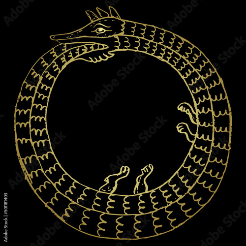 Ouroboros. Mythological snake eating its own tail. Medieval coiled serpent or dragon. Round animal frame. Illuminated manuscript style. Hand drawn linear doodle rough sketch. Yellow gold silhouette on