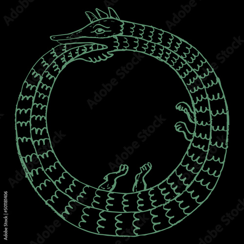 Ouroboros. Mythological snake eating its own tail. Medieval coiled serpent or dragon. Round animal frame. Illuminated manuscript style. Hand drawn linear doodle rough sketch. Green silhouette on black
