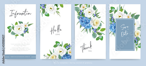Spring wedding invite, save the date, floral card template design set. Watercolor style blue hydrangea flower, yellow rose, white eustoma, green eucalyptus leaves bouquet. Editable vector illustration