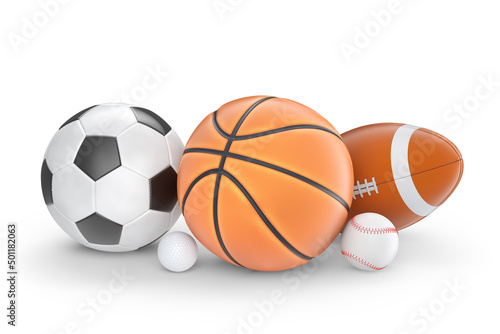 Set of ball like basketball, american football and golf isolated on white
