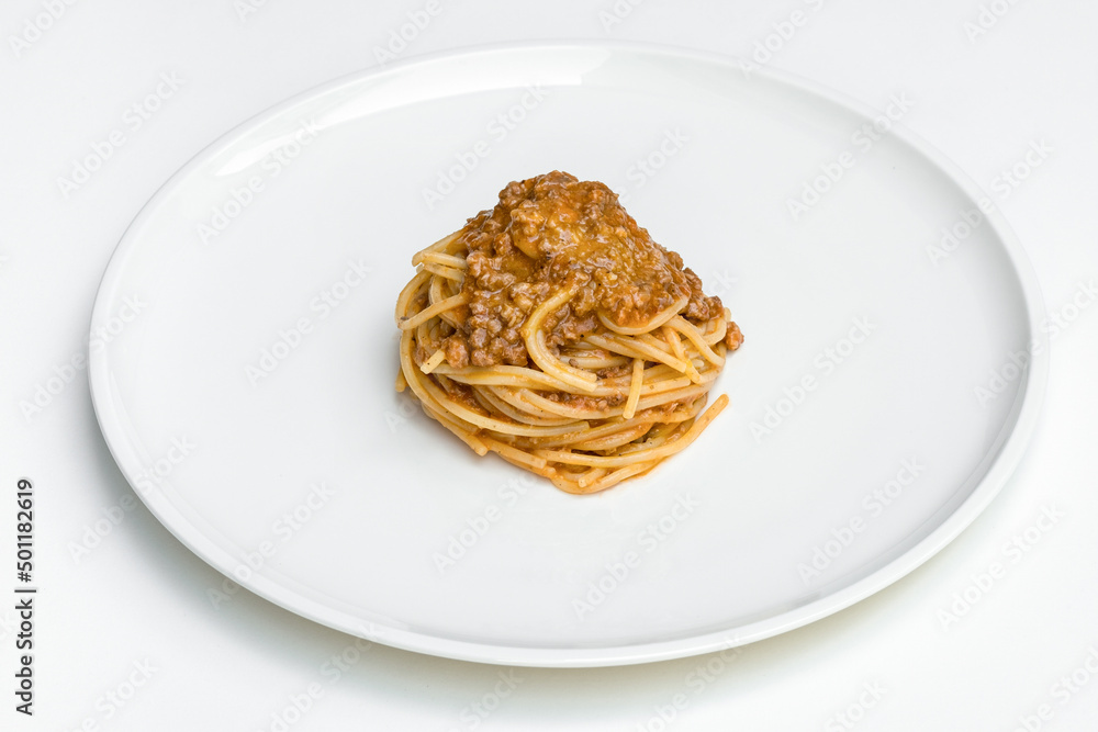 Pasta with meat, Asian cuisine. Photo of food on a white background