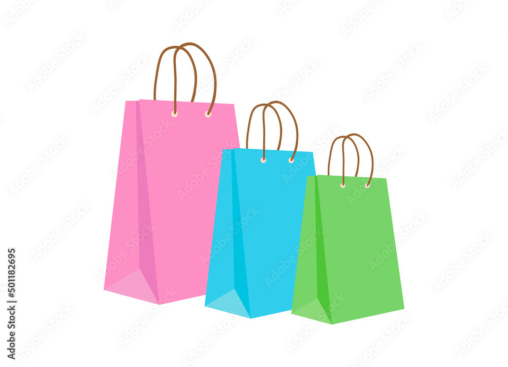 Three colorful shopping bags are on an isolated background. They are pink, blue and green