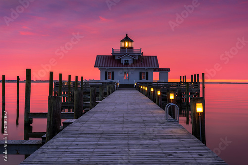 Ronoake Marshes Lighthouse along the Ronoake Sound in Manteo North Carolina