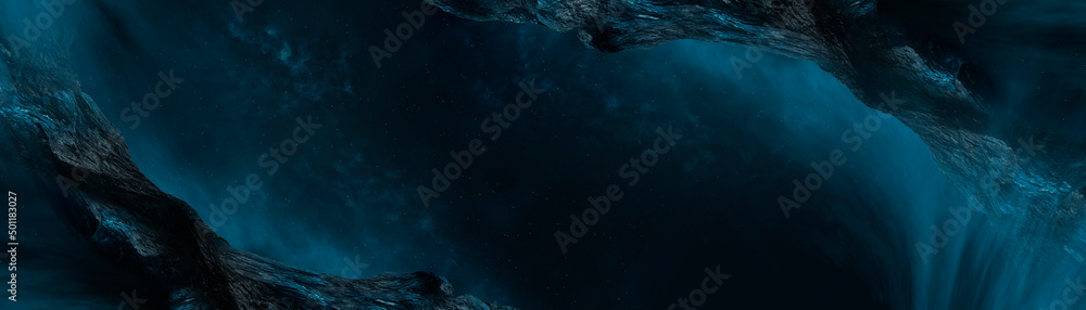 Clouds. Fantasy night landscape with mountains and clouds reflected in the water. Neon blue. Abstract islands, stones on the water. Dark natural scene. Neon space planet. 3D illustration. 