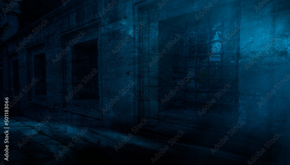 Obraz premium Fantasy street landscape. Night dark old street, moonlight blue neon. Stone wall, concrete, limestone. Empty street night scene. Night dark street of the old city.