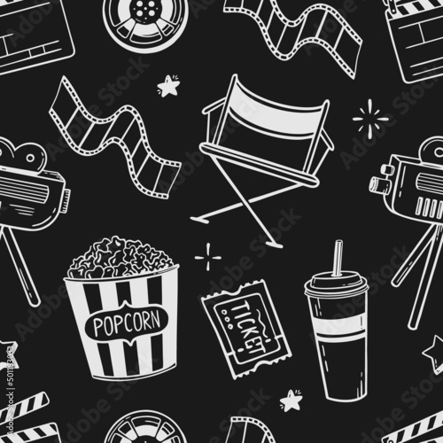 Doodle seamless pattern cinema flapping board film popcorn 3d glasses loudspeaker Vector illustration in doodle style isolated on black background