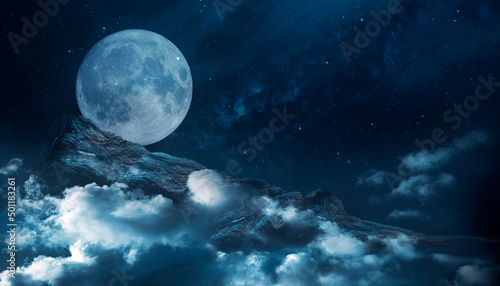 Wallpaper Mural Clouds. Fantasy night landscape with mountains and clouds reflected in the water. Neon blue. Abstract islands, stones on the water. Dark natural scene. Neon space planet. 3D illustration.  Torontodigital.ca