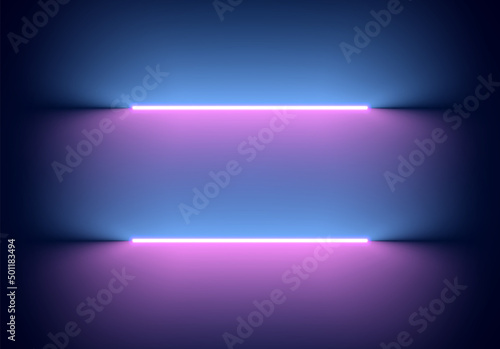Neon illumination background. Abstract 80s or synthwave styled backdrop with blue and purple lamp on the wallpaper.