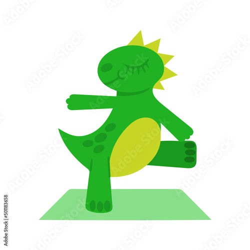 Cute green dragon goes in for sports on special rug. Dinosaur doing yoga and keeping balance. Yoga asanas. Vector illustration. Image for printing in postcards menu clothing stationery posters posters