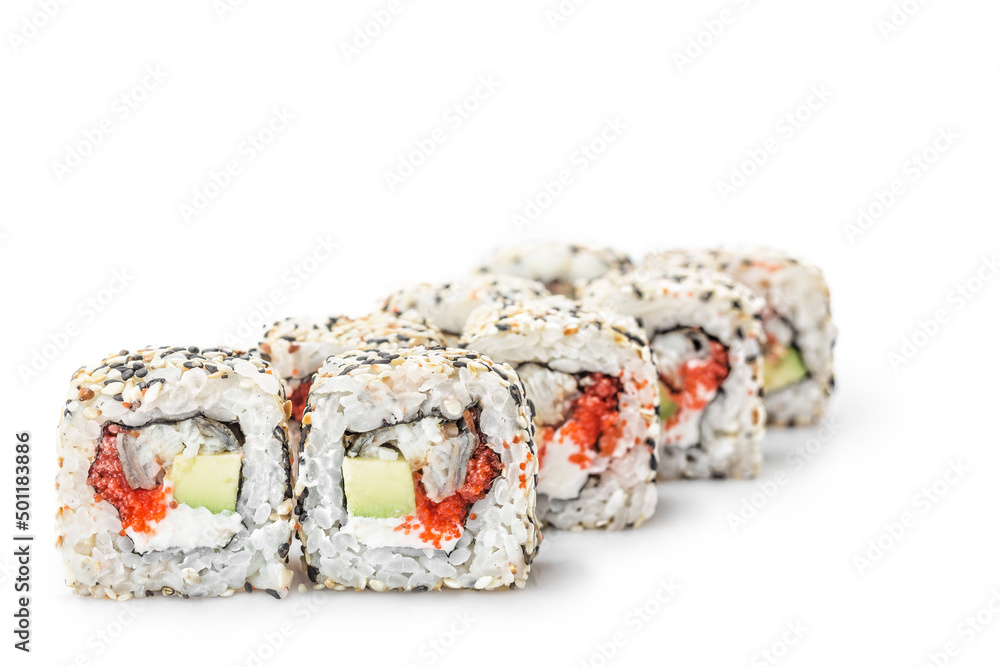 Sushi with avocado, Asian cuisine. Photo of food on a white background Sushi with avocado, Asian cuisine. Photo of food on a white background