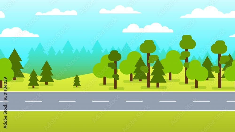 Forest road. Highway passing through the green forest. Looped animation