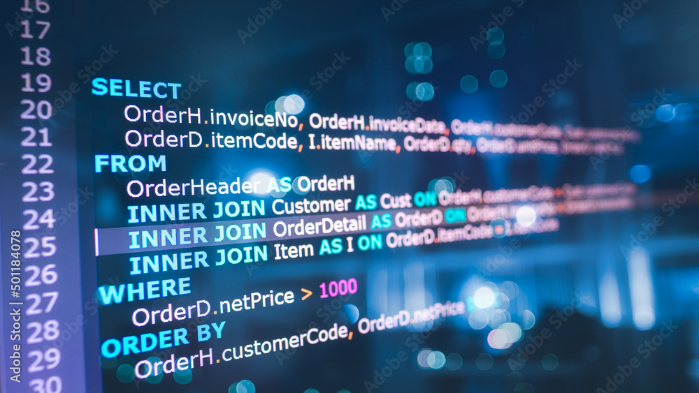 Poster SQL (Structured Query Language) code on computer monitor and ...