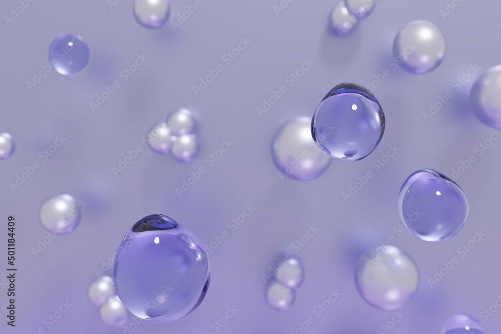 3d render of beautiful purple droplets of face serum for your beauty project