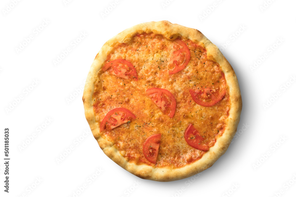 Pizza with tomatoes and cheese, fast food cuisine. Photo of food on a white background
