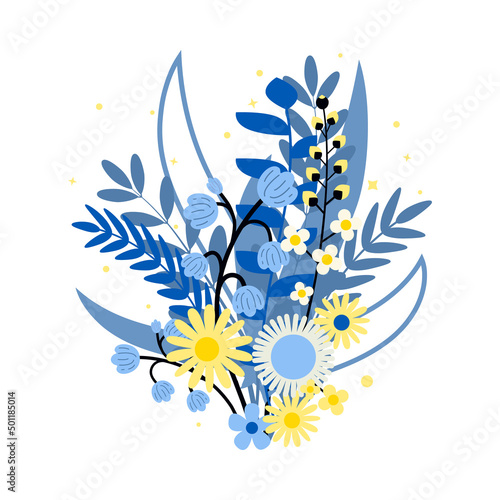 Yellow and blue flowers bouquet. Post card. Stand with and support Ukraine. Pray Ukraine. Russian-Ukrainian conflict. Stop world war. Banner design. 