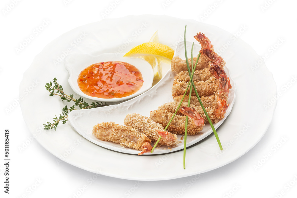 Seafood, shrimp in a plate. Photo of food on a white background Seafood, shrimp in a plate. Photo of food on a white background