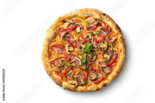 Pizza with meat and cheese, fast food cuisine. Photo of food on a white background