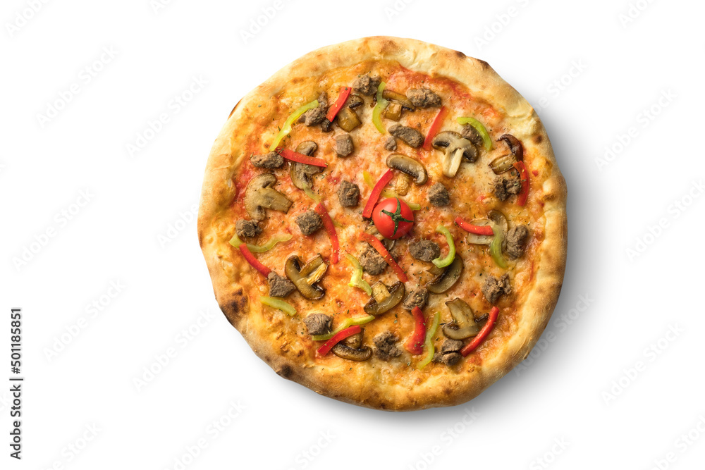 Pizza with mushrooms, fast food cuisine. Photo of food on a white background