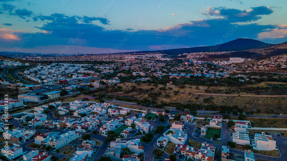 Sunset Aerial View from Querétaro, México, colonia de casas en corregidora