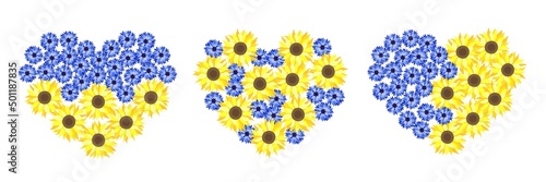Blue and yellow Flowers hearts. Ukraine colors and national symbolics. Support Ukraine. Sunflower. Cornflowers. Vector  illustration.