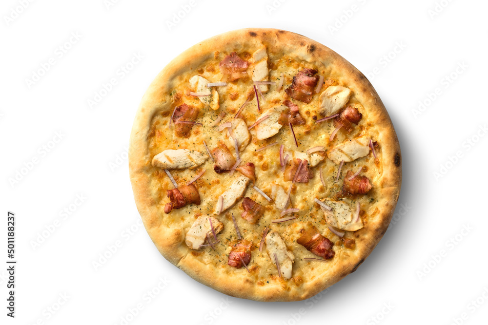 Pizza with meat and cheese, fast food cuisine. Photo of food on a white background Pizza with meat and cheese, fast food cuisine. Photo of food on a white background
