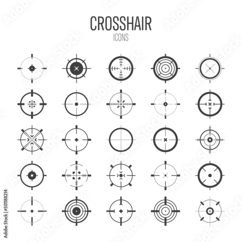 Crosshair, gun sight vector icons. Bullseye, black target or aim symbol. Military rifle scope, shooting mark sign. Targeting, aiming for a shot. Archery, hunting and sports shooting. Game UI element.